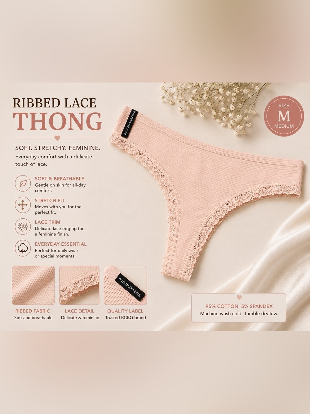 BCBGMAXAZRIA Pale Pink Lace Trim Ribbed Thong MEDIUM